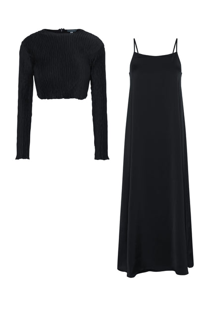Slip Dress with Cropped Top Black