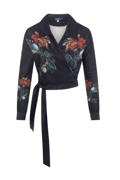 Satin Print Wrap Blouse Black