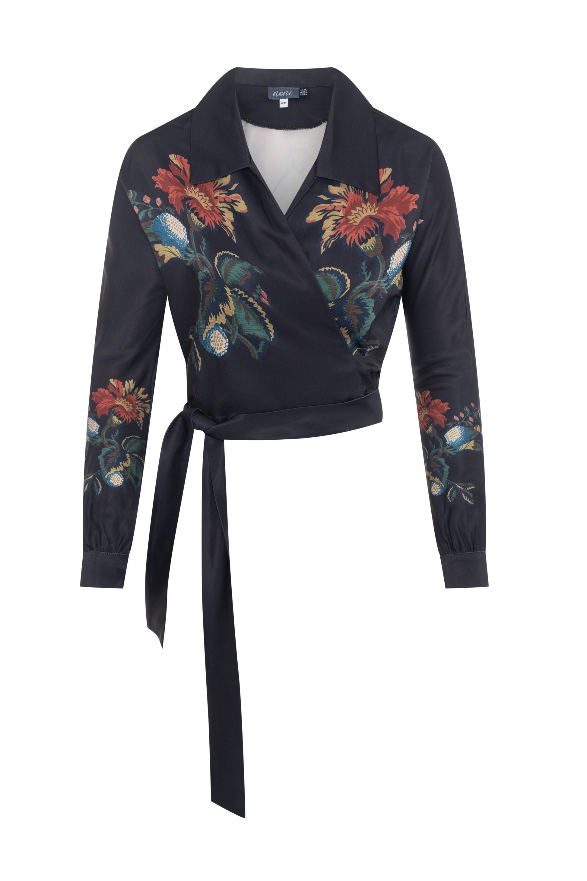 Satin Print Wrap Blouse Black