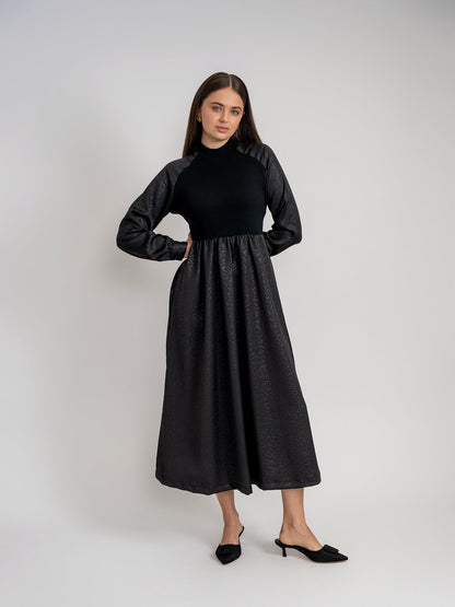 Mock Neck Satin Midi Dress