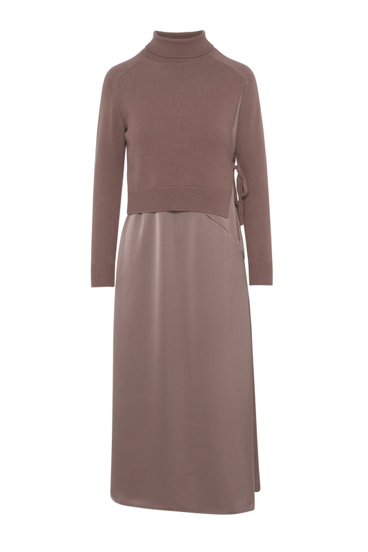 Satin Jump Dress with Sweater Brown Mauve