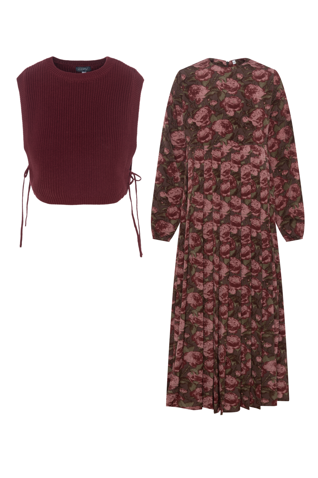 Floral Print Dress with Vest Brown