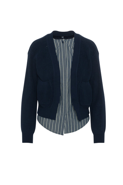 Knit Cardigan with Stippped Shirt Blue