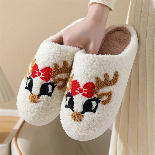 Christmas cute bow fox pattern cotton slippers indoor home plush warm slippers White