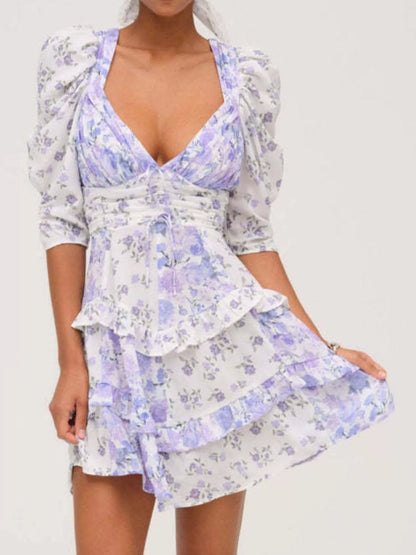 Ruffled Floral Print Half Sleeve Dress