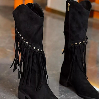 Fringed Point Toe Block Heel Boots
