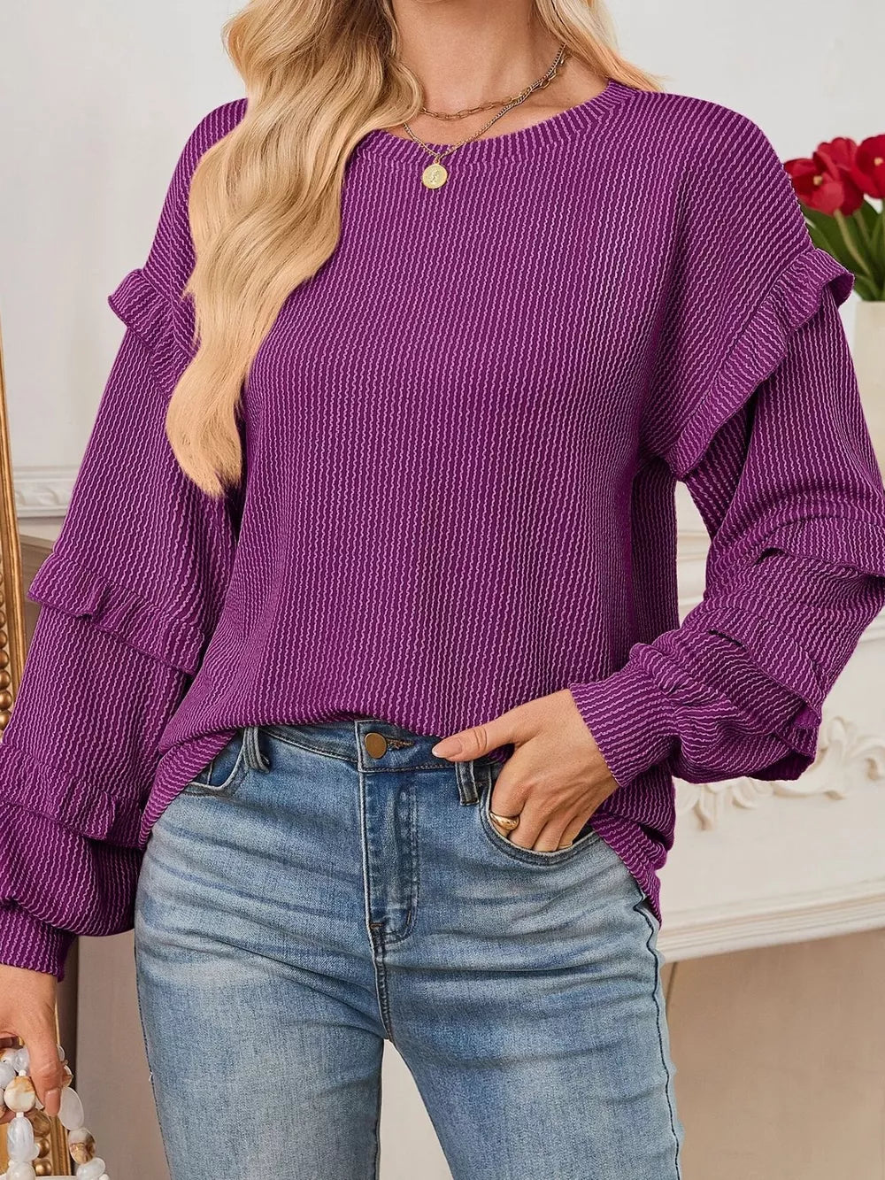 Round Neck Ruffled Long Sleeve Sweatshirt