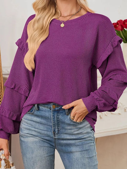 Round Neck Ruffled Long Sleeve Sweatshirt