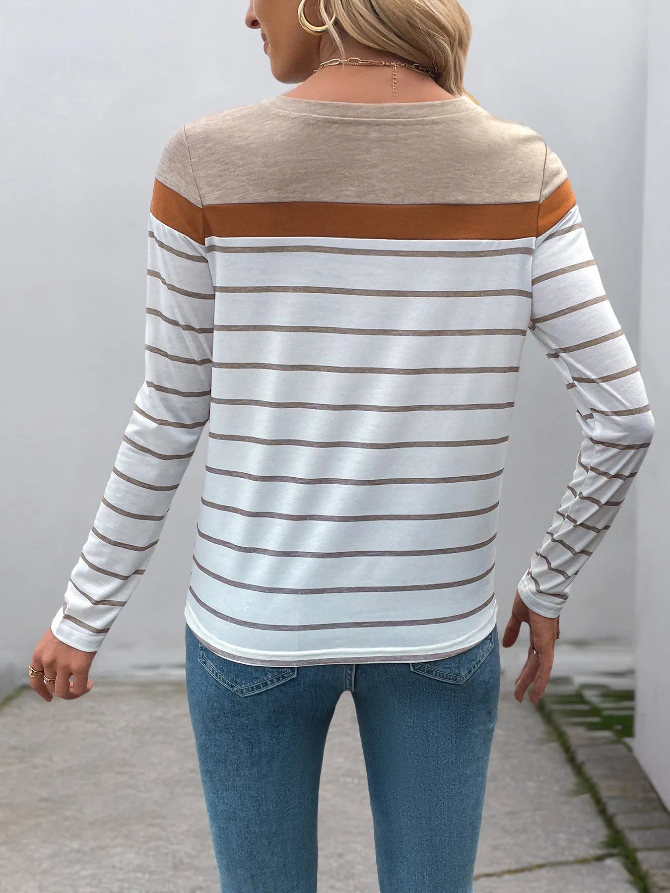 Casual Striped Long Sleeve Color Block T-Shirt