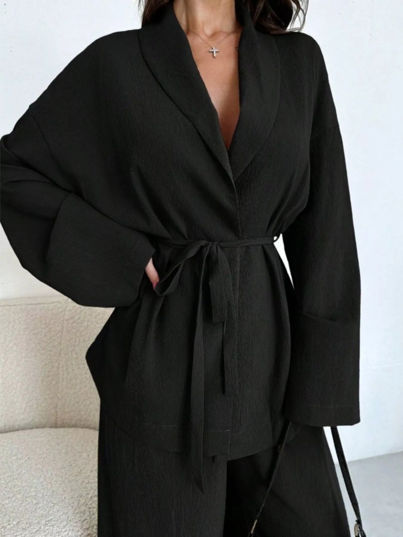 Front Tied Shirt and Wide-Leg Pants Set