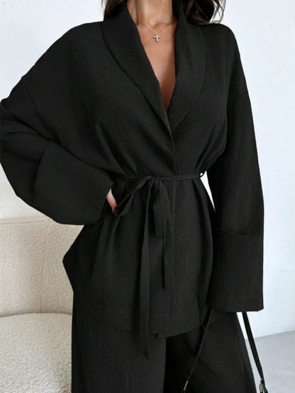 Front Tied Shirt and Wide-Leg Pants Set