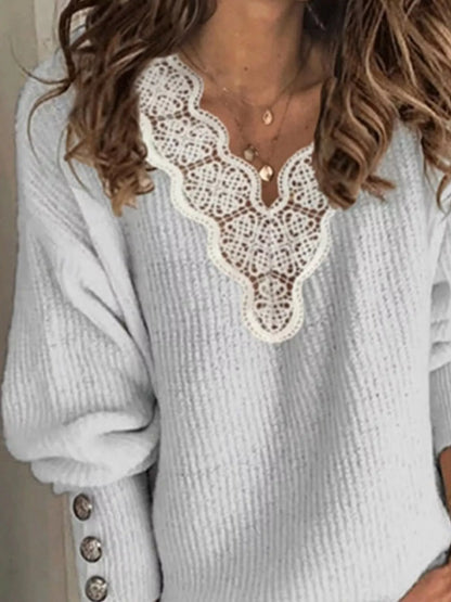 Full Size Lace Trim V-Neck Sweater Plus Size