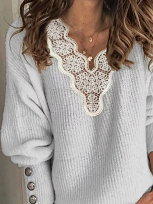 Full Size Lace Trim V-Neck Sweater Plus Size