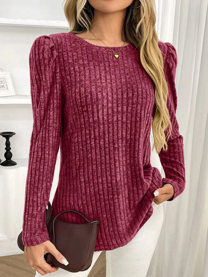 Round Neck Puff Sleeve T-Shirt Burgundy