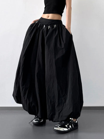 Elastic Waistband Bubble Maxi Skirt Black