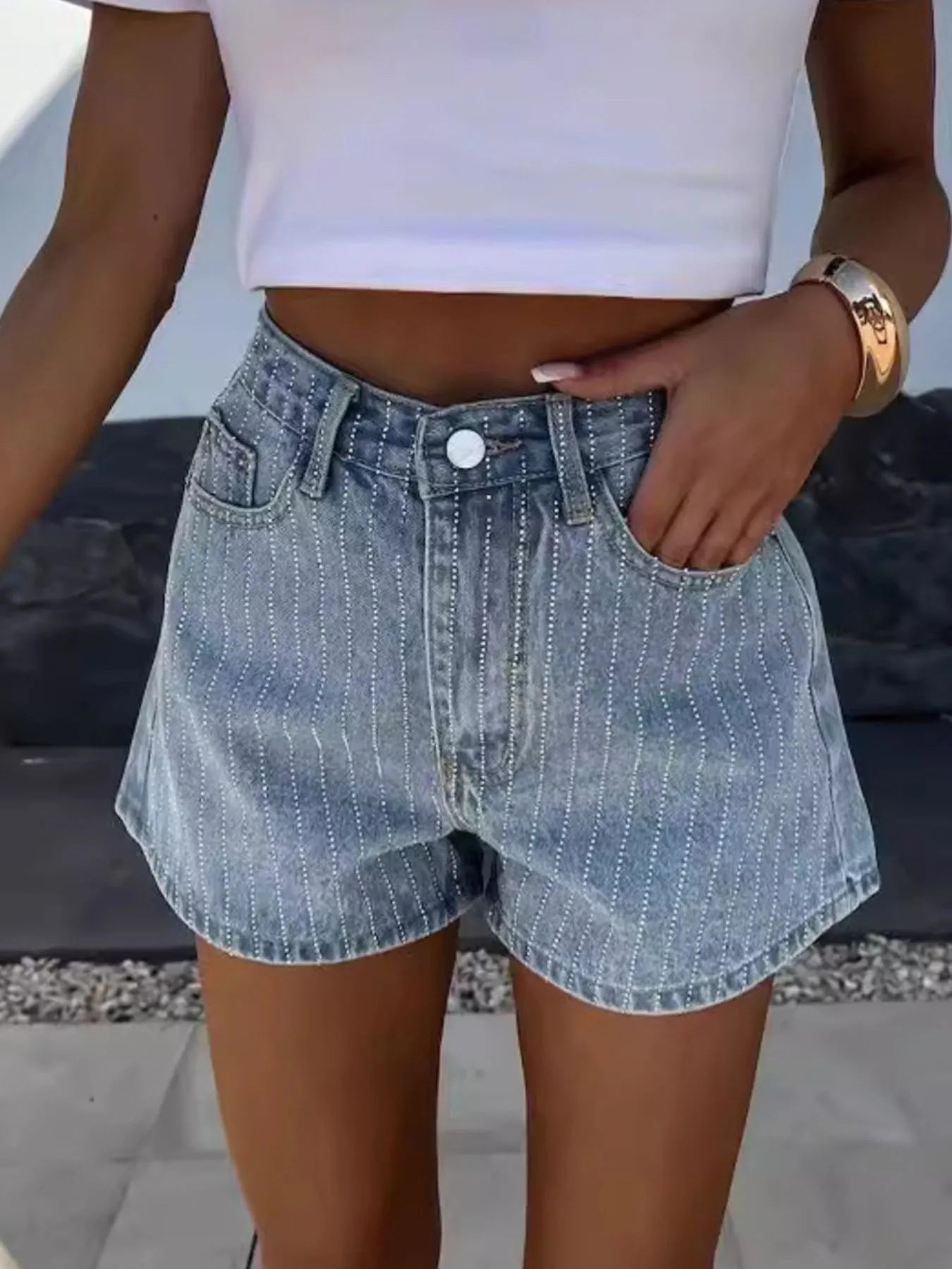 High Waist Wash Denim Shorts Denim Blue