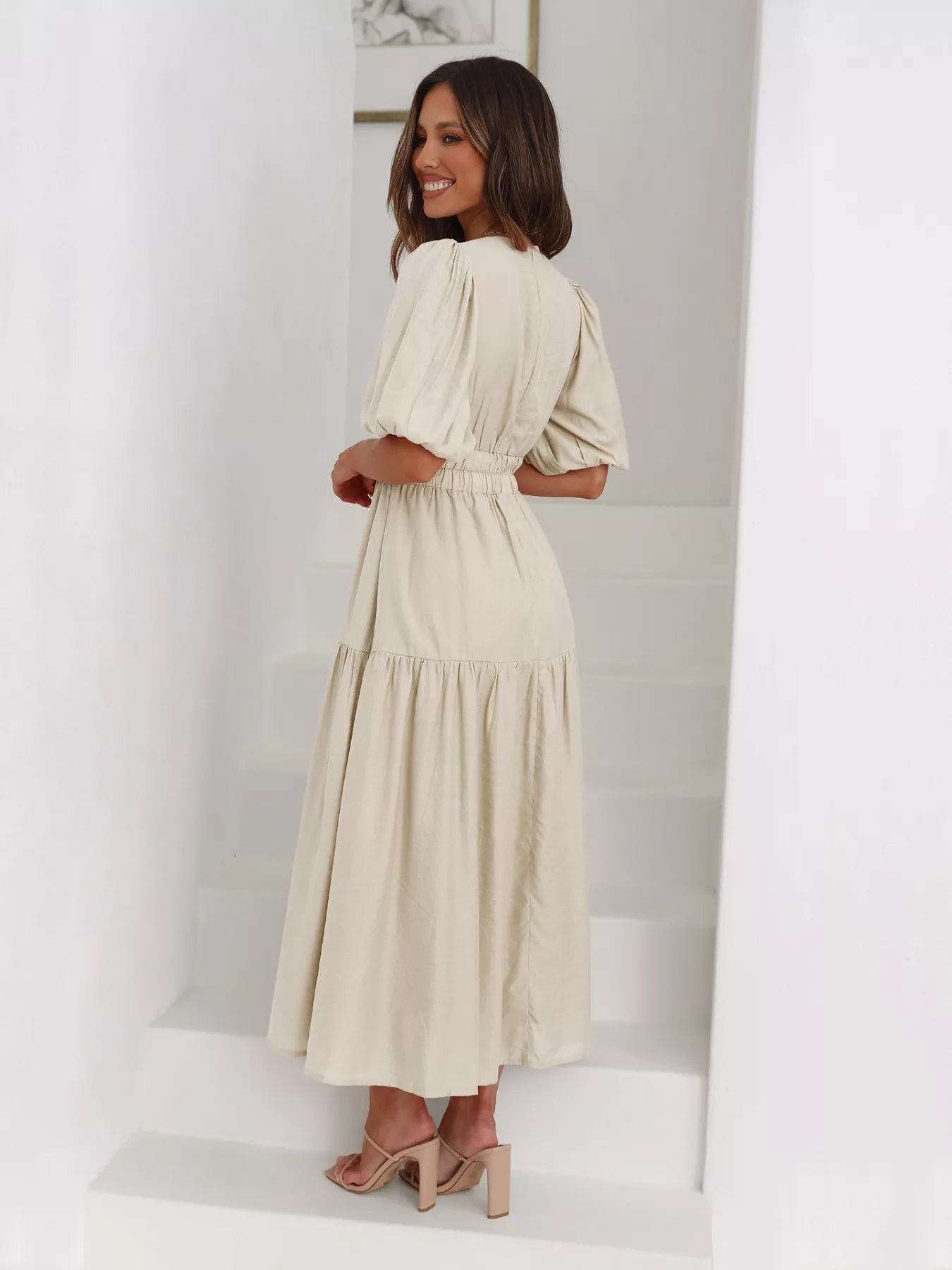 Tiered Puff Sleeve Midi Dress