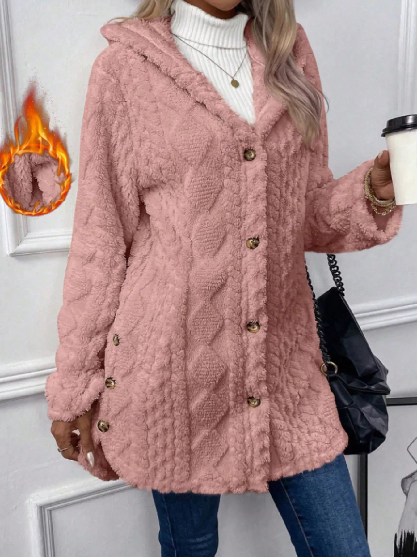 Full Size Button-Down Hooded Outerwear Plus Size Pink
