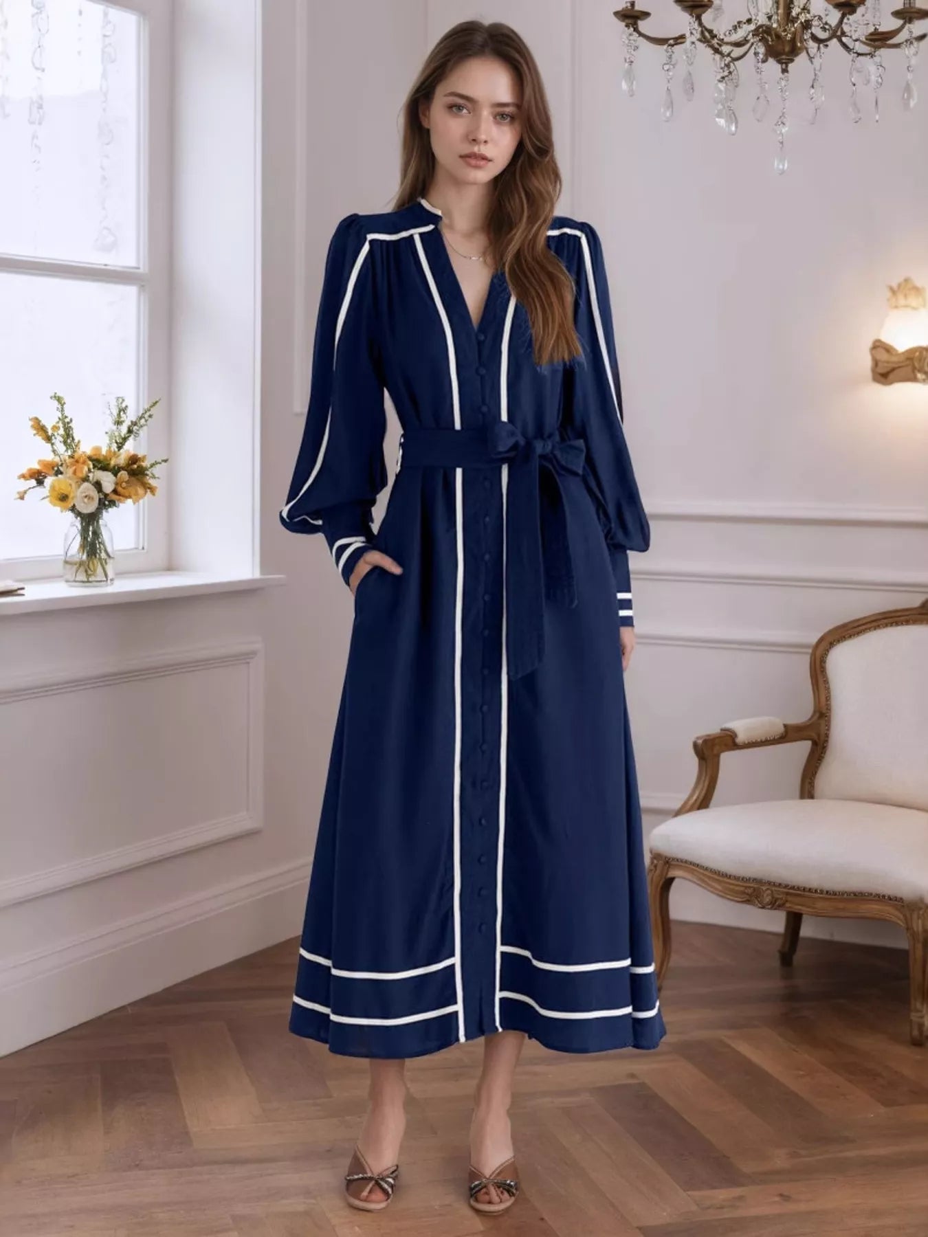 Notched Lantern Sleeve Dress