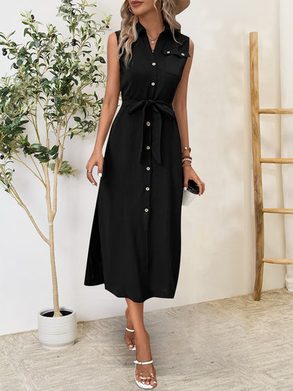 Button Up Sleeveless Midi Dress Black