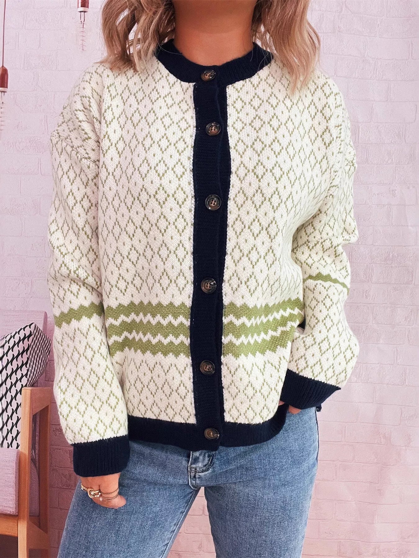 Geometric Pattern Button Up Cardigan Green One Size