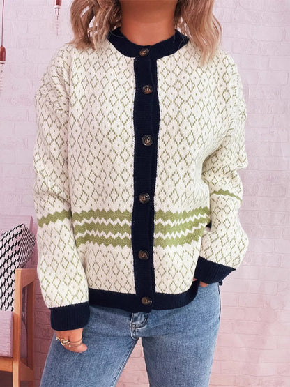 Geometric Pattern Button Up Cardigan Green One Size