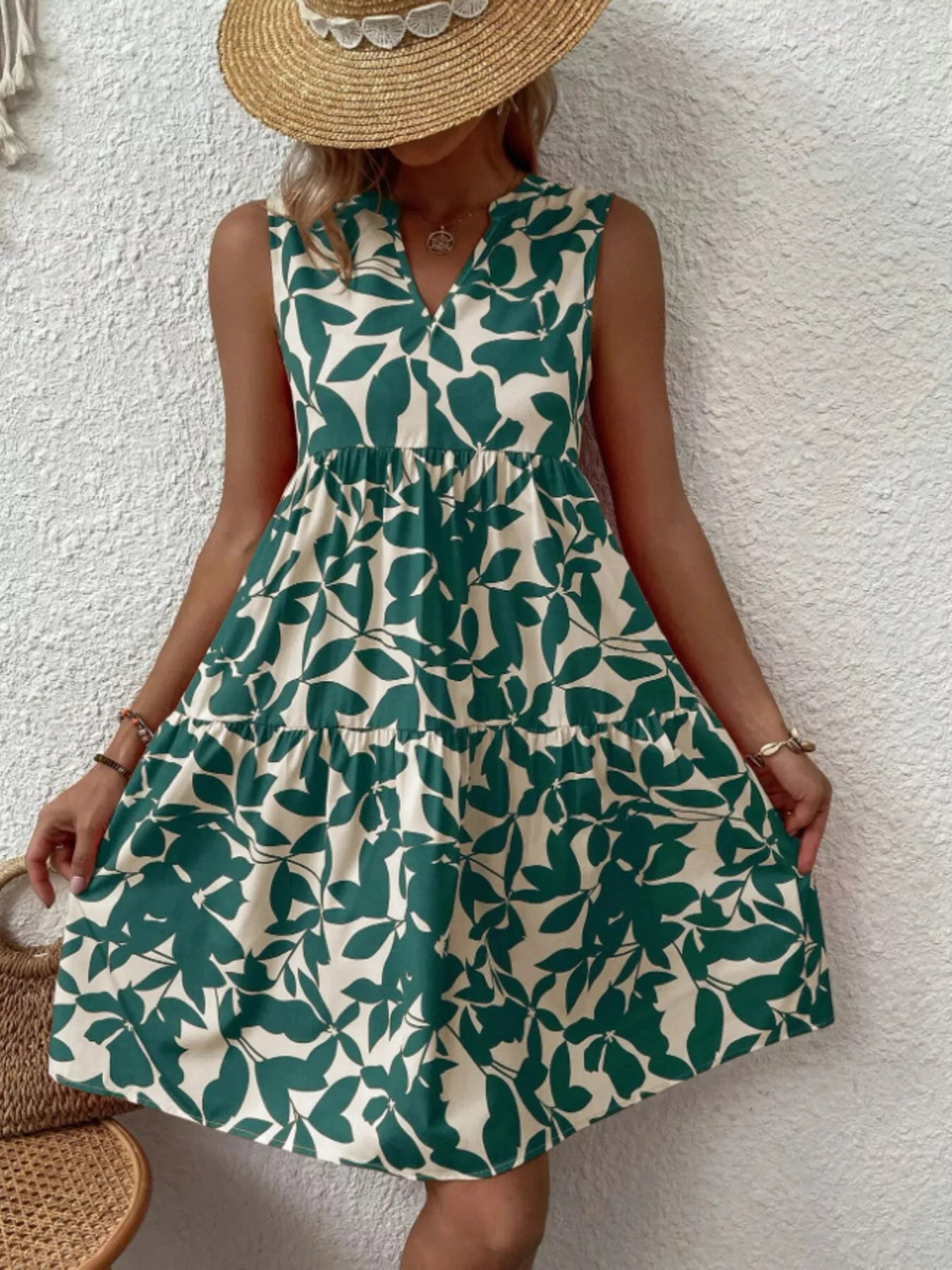 Full Size Printed Notched Sleeveless Mini Dress Plus Size Green