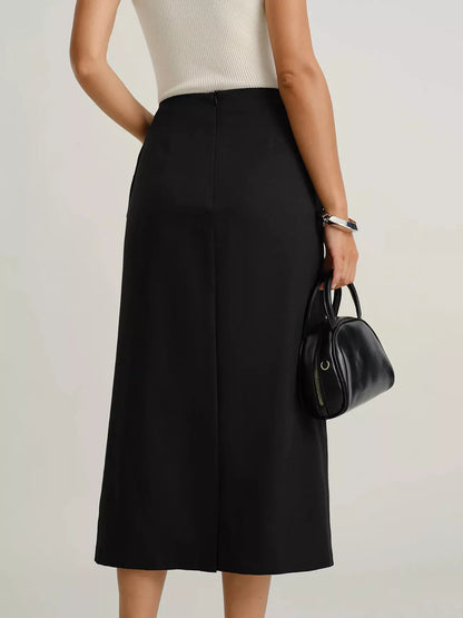 Button-Front Pocketed Midi Skirt