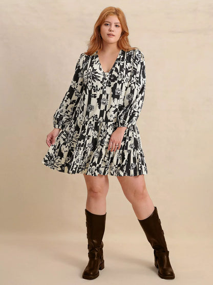 Plus Size Printed V-Neck Long Sleeve Mini Dress