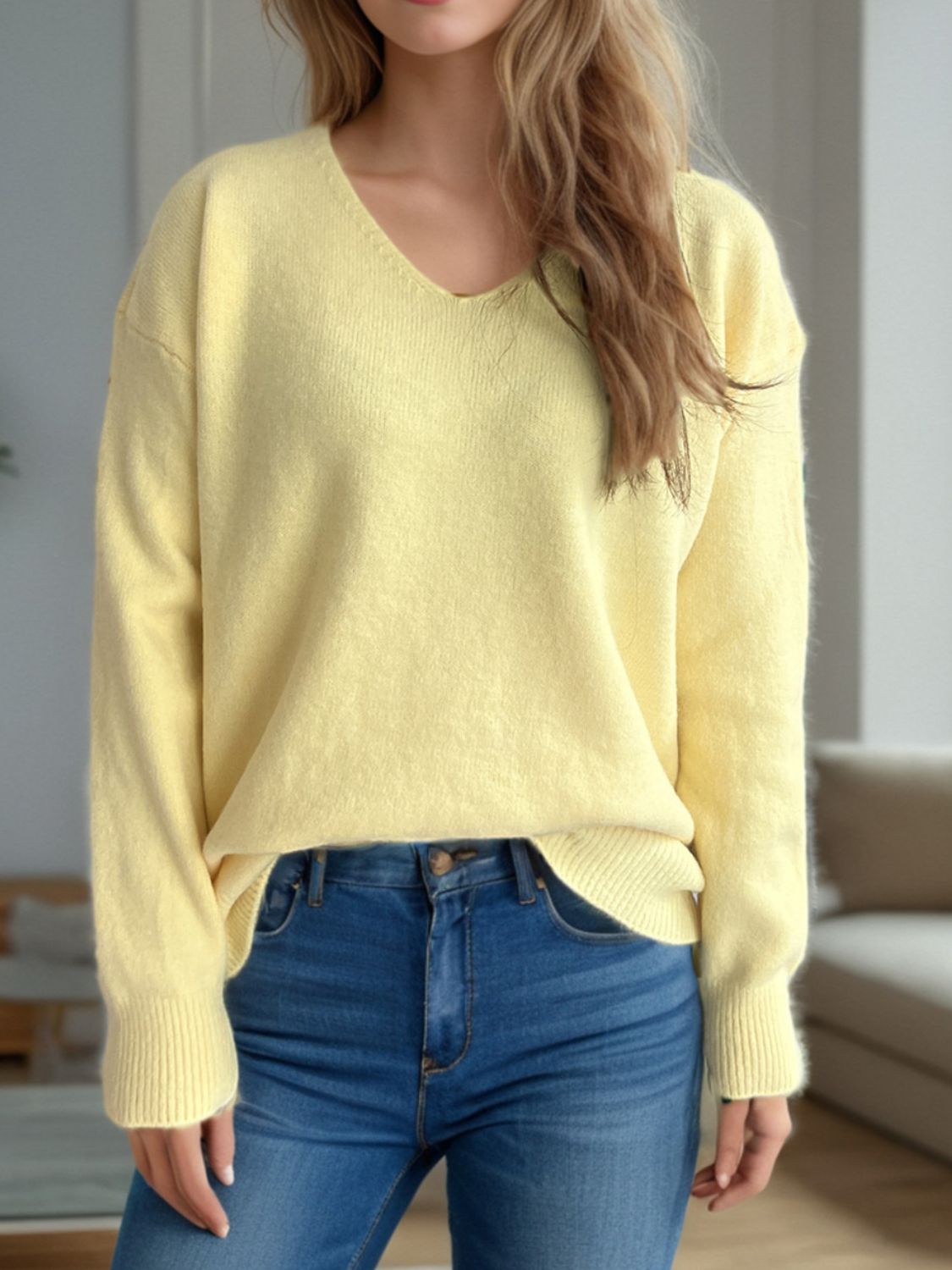 V-Neck Dropped Shoulder Long Sleeve Sweater Light Yellow One Size