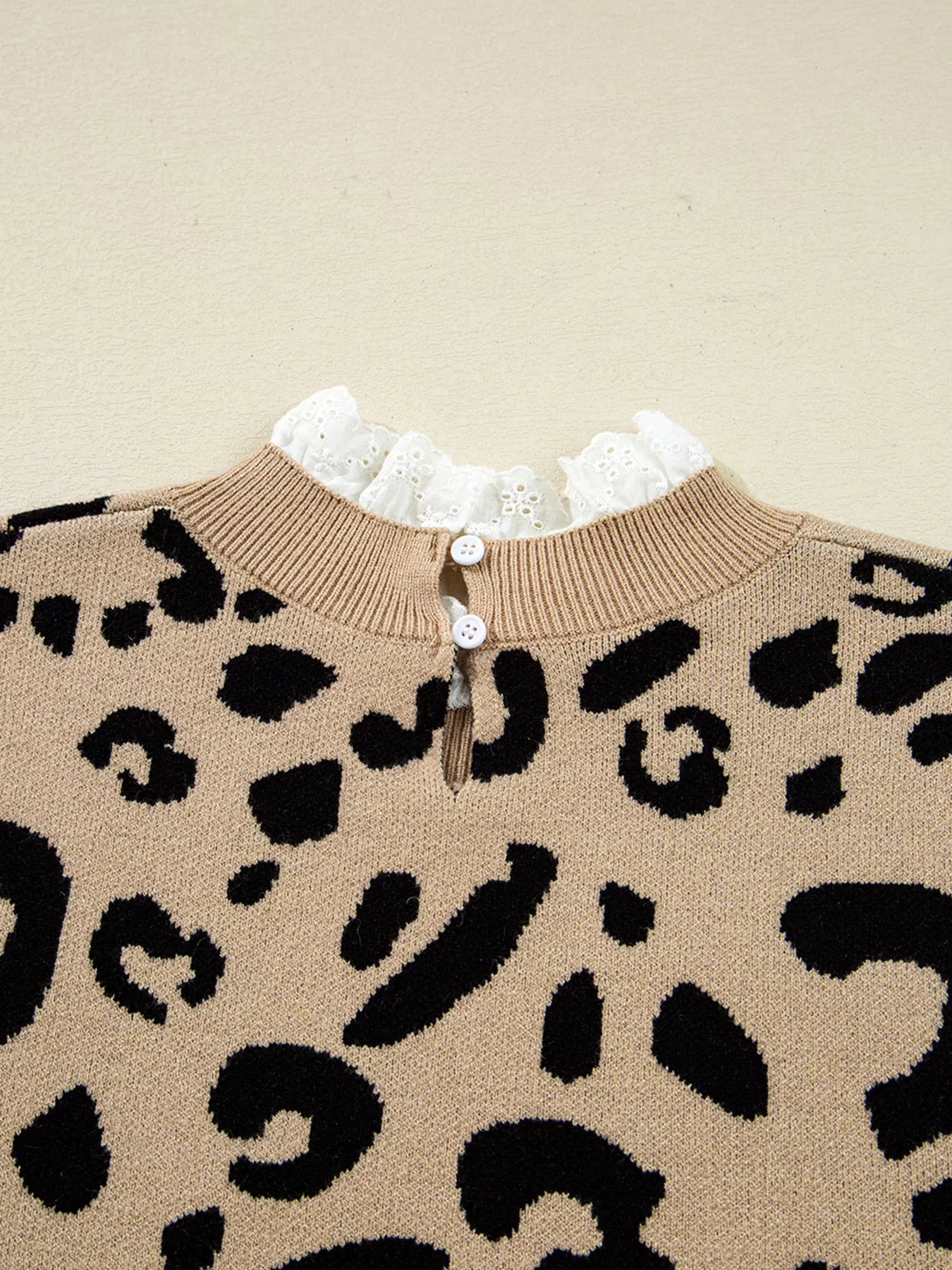 Leopard Pattern Lace Ribbed Detail Button Cuffed Sweater
