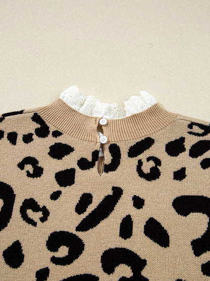 Leopard Pattern Lace Ribbed Detail Button Cuffed Sweater