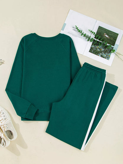 Round Neck Top and Stripe Detail Drawstring Pants Set