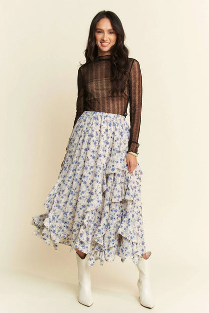 Davi & Dani Turtle Neck Lace Dotted Stretch Mesh Sheer Top