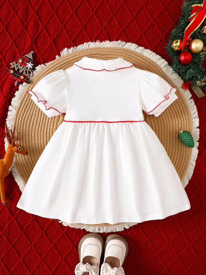Children's Christmas Tree Embroidered Ruffle Trim Dress
