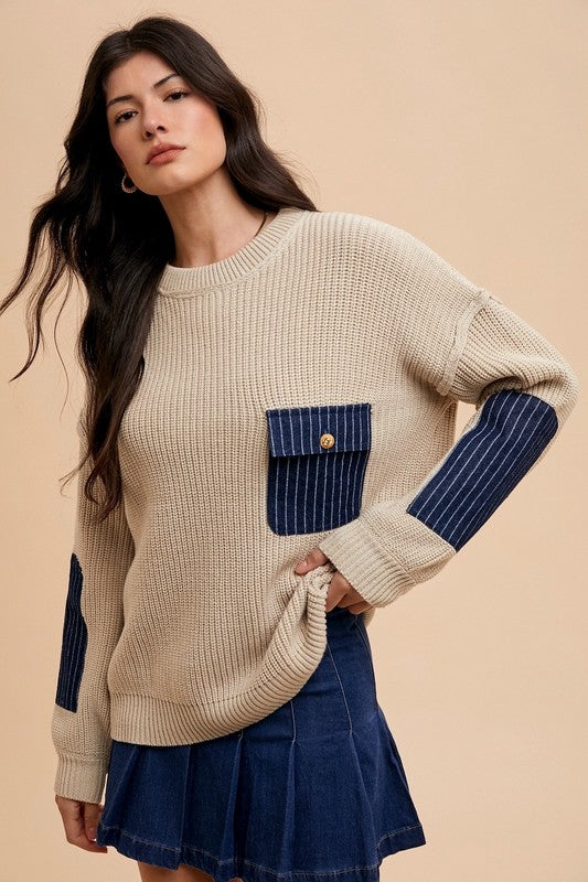 Back To School Sweater - Annie Wear Contrast Round Neck Drop Shoulder Sweater with Patch Pocket