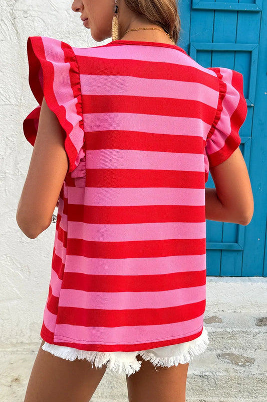 Striped Ruffle Sleeve Summer T-Shirt