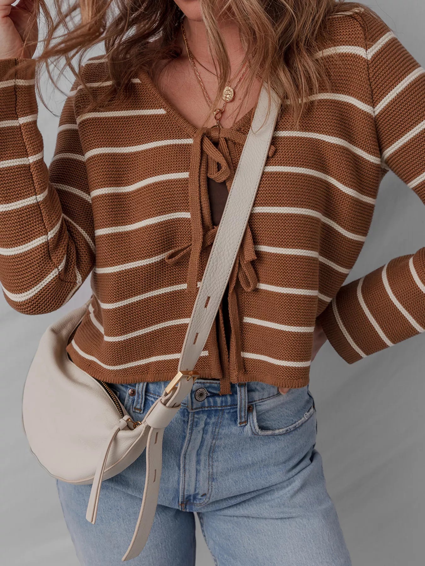 Tie Front Striped Knit V Neck Cardigan