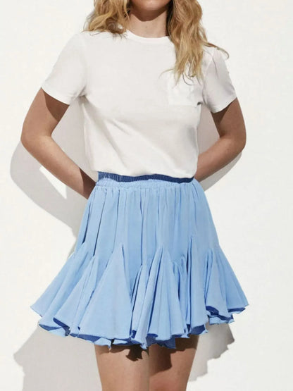 Elastic Waist Ruffled Hem Skirt Blue