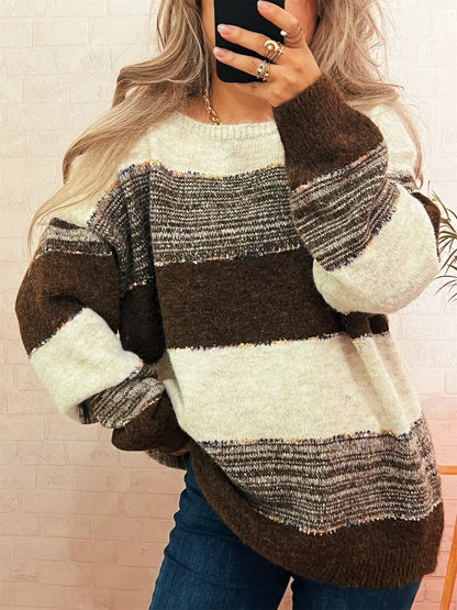 Color Block Dropped Shoulder Sweater Brown One Size