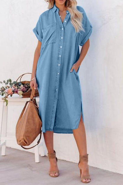 Slit Button Up Short Sleeve Imitation Denim Dress Medium