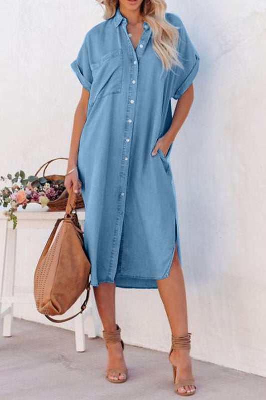 Slit Button Up Short Sleeve Imitation Denim Dress Medium