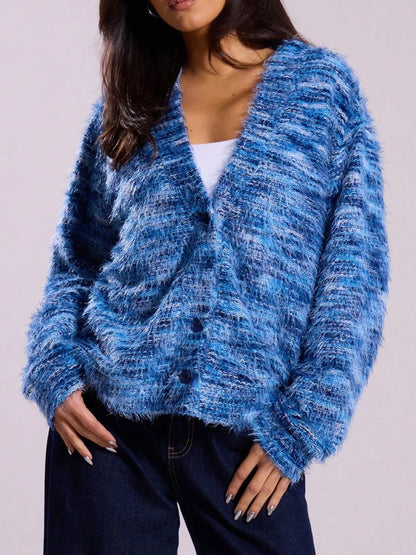 Chunky Knit V-Neck Button-Up Cardigan Royal Blue