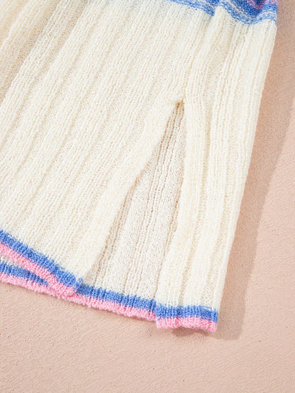 Striped V Neck Dolman Sleeve Rib Knit Oversized Sweater with Slits