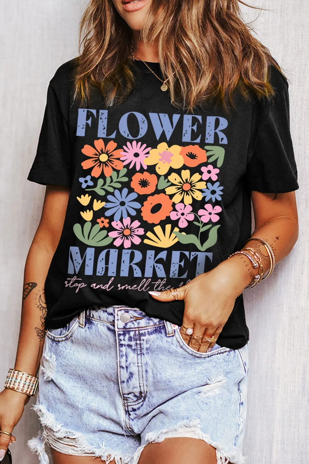 Flower Market Graphic Round Neck T-Shirt Black