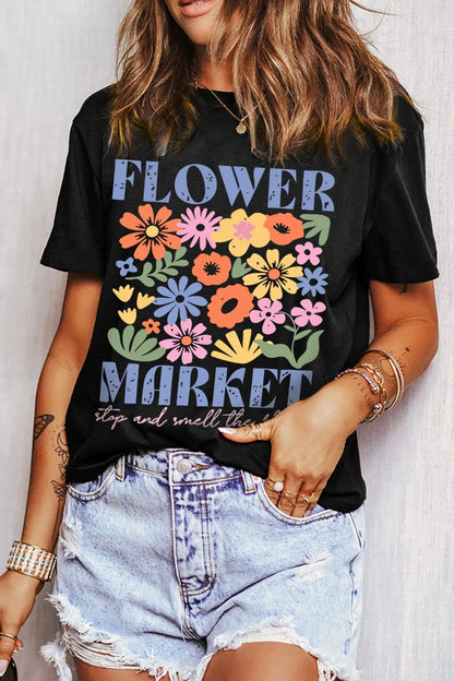 Flower Market Graphic Round Neck T-Shirt Black