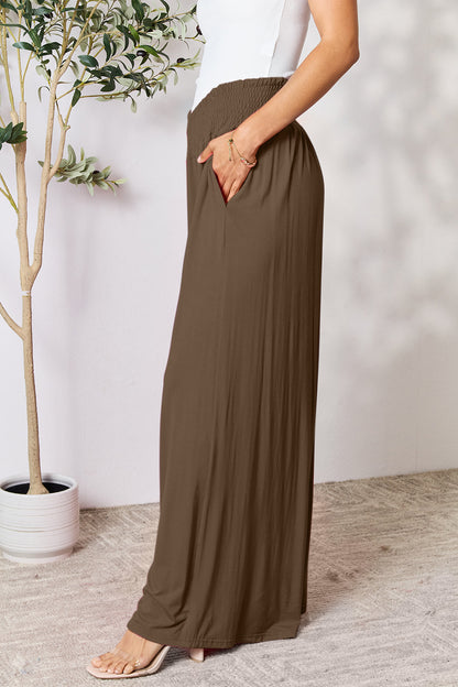 Smocked High-Waist Wide Leg Pants