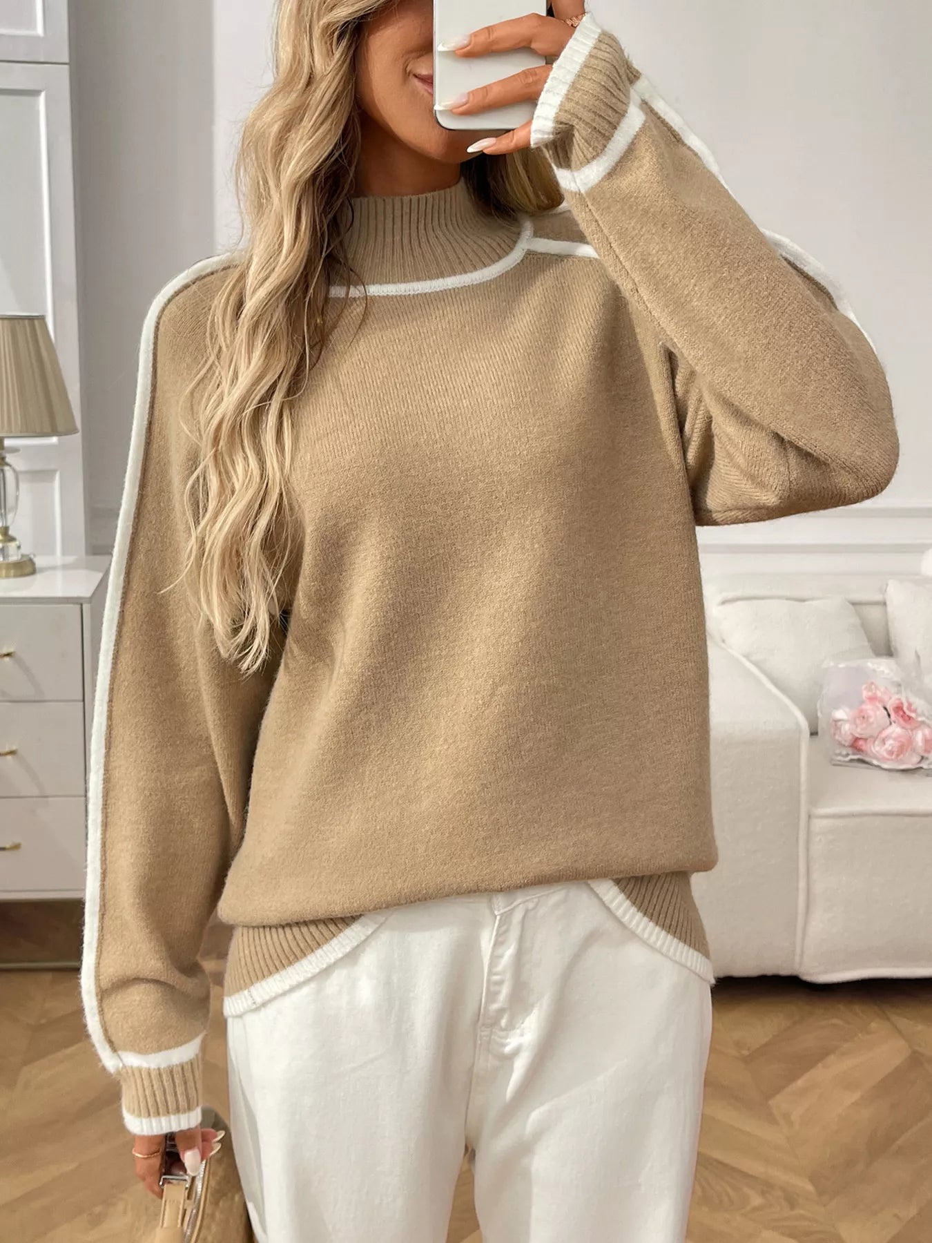 Contrast Trim Turtleneck Long Sleeve Sweater
