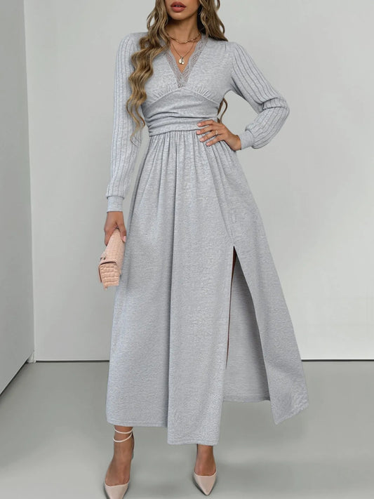 Lace Detail V-Neck Maxi Dress with Side Slit