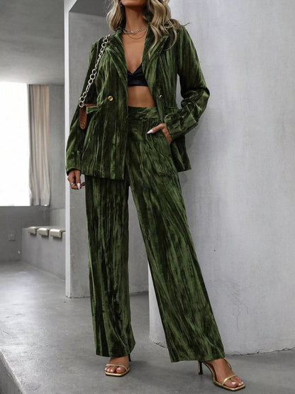 Lapel Collar Long Sleeve Blazer and Pants Set Army Green